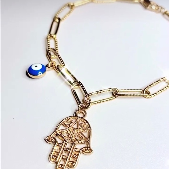 Hand & Eye Necklace & Bracelet SET Stainless steel gold plated paperclip chains - Picture 3 of 4